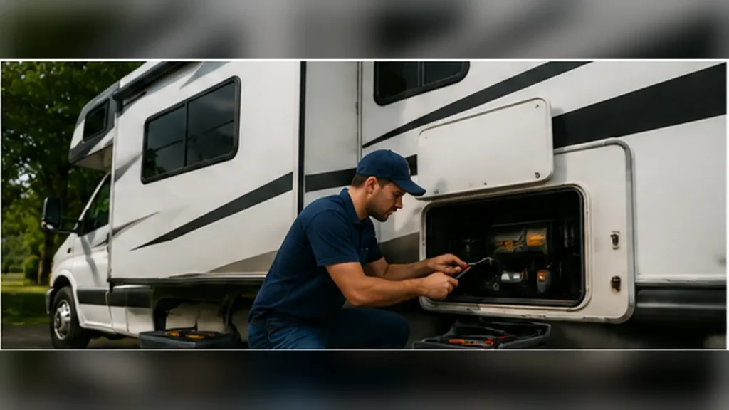 Mobile RV technician inspecting a motorhome service compartment during a plumbing and water-system diagnostic visit
