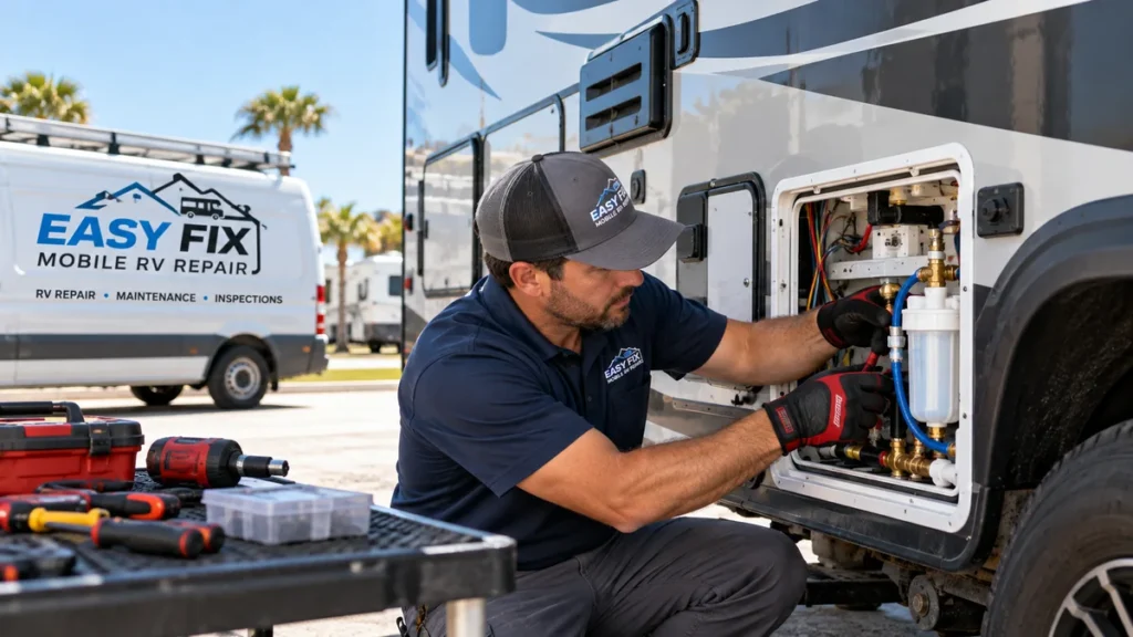 Mobile RV technician servicing an RV holding tank and plumbing system at a South Florida campsite